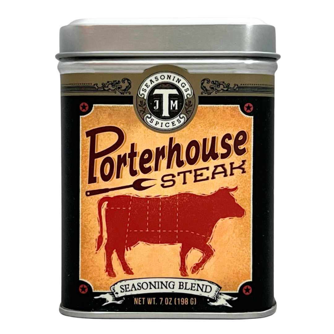 7 oz tin of porterhouse steak seasoning. Comes with lid to keep spice fresh.