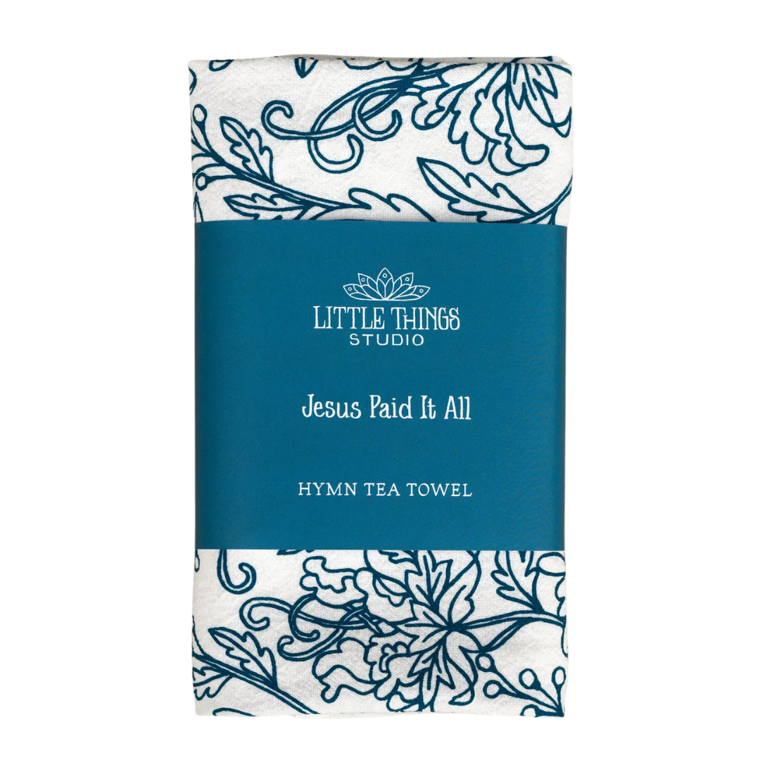 cotton kitchen towel floral design and hymn lyrics.