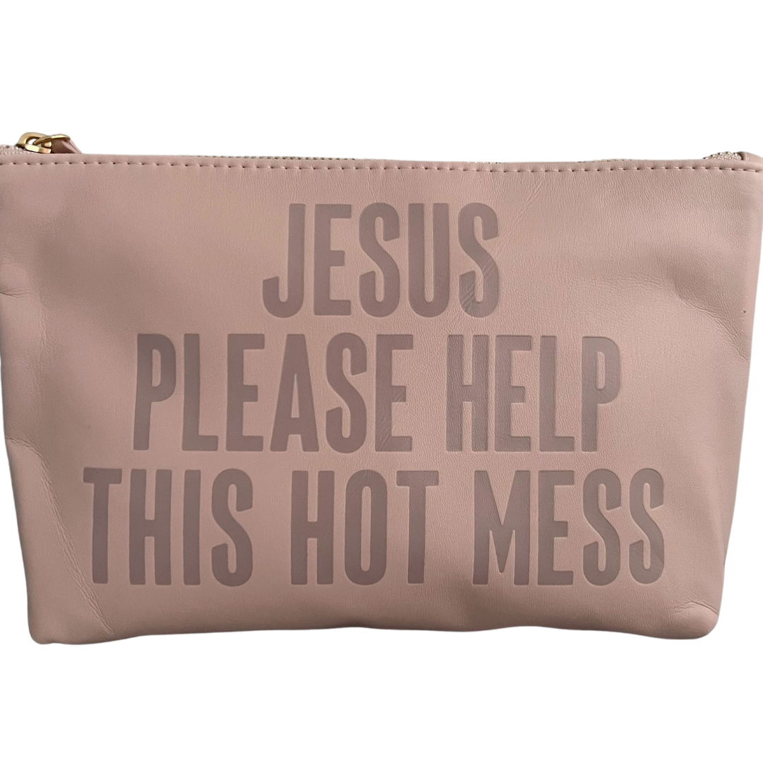 pink faux leather catch all pouch, lined with zipper.