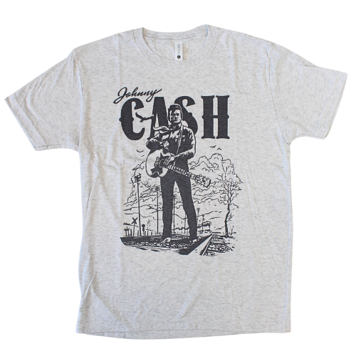 Light grey shirt with black screen-printed image of Johnny Cash standing holding a guitar. 
