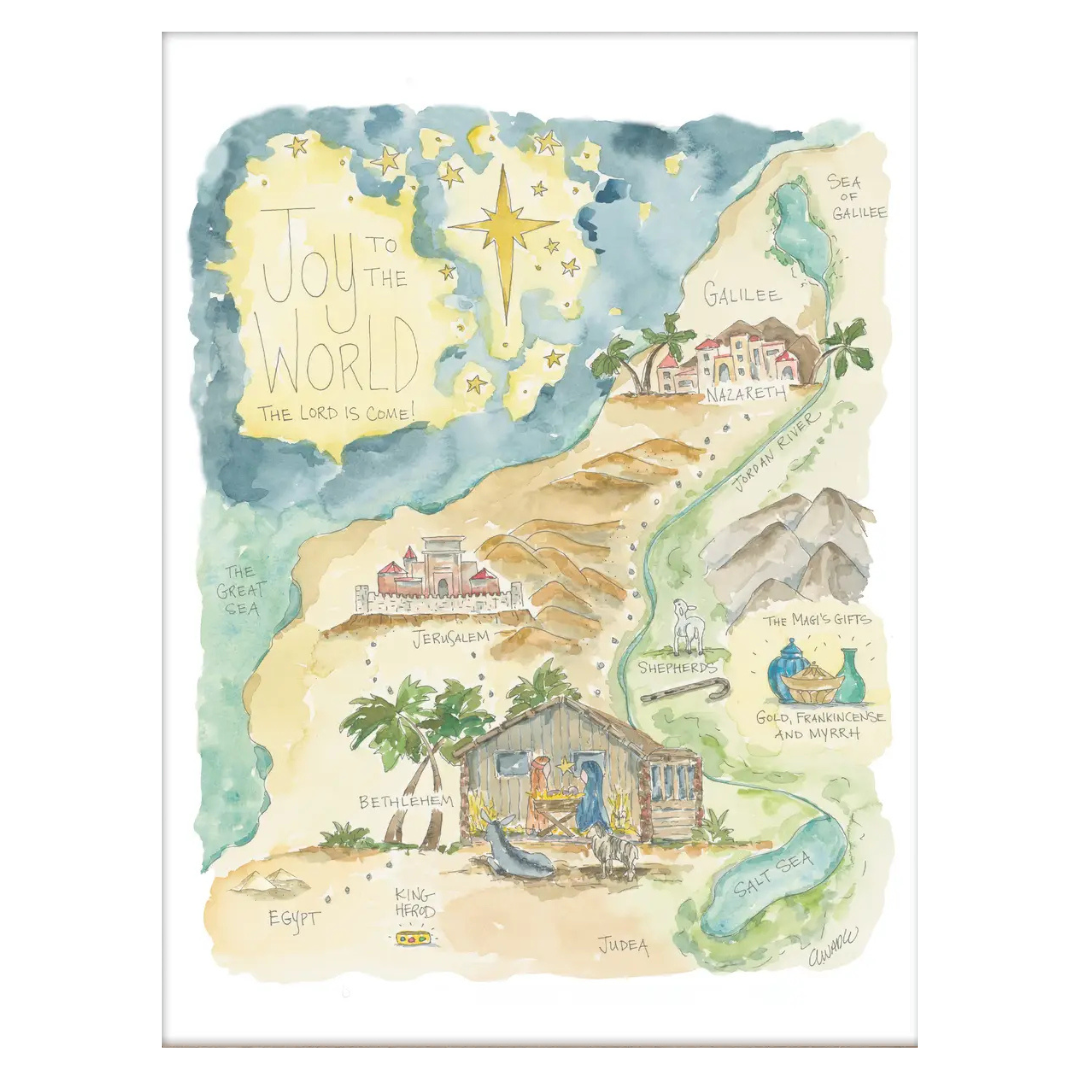 Joy to the World Nativity watercolor on white cotton Tea Towel.