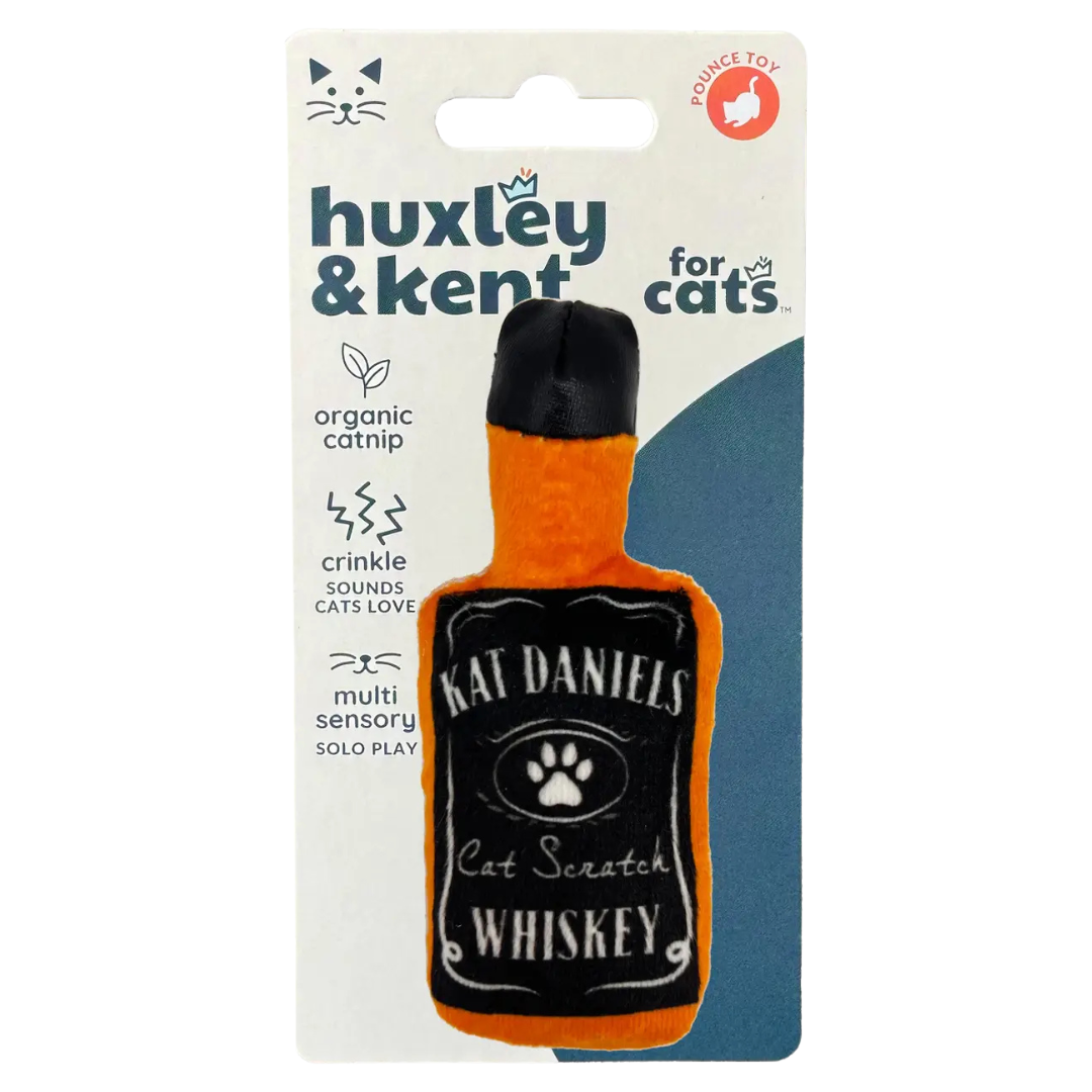 Cat toy shaped like a Jack Daniels Whisky bottle.