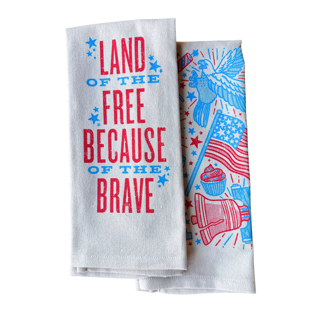 Patriotic saying screen printed on cotton kitchen towel in red, white and. blue. 