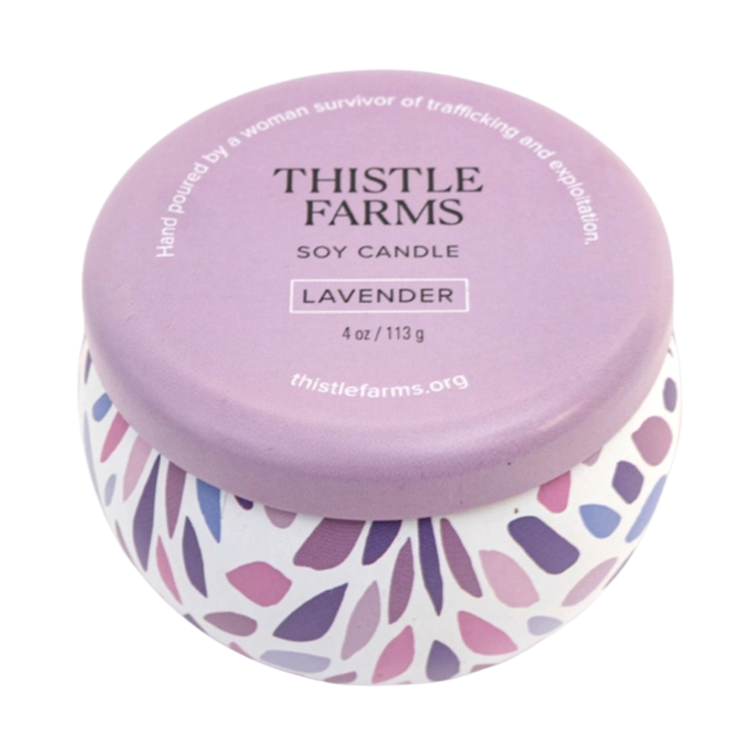 4 oz soy wax candle in lavender. comes in a purple tin with lid. 