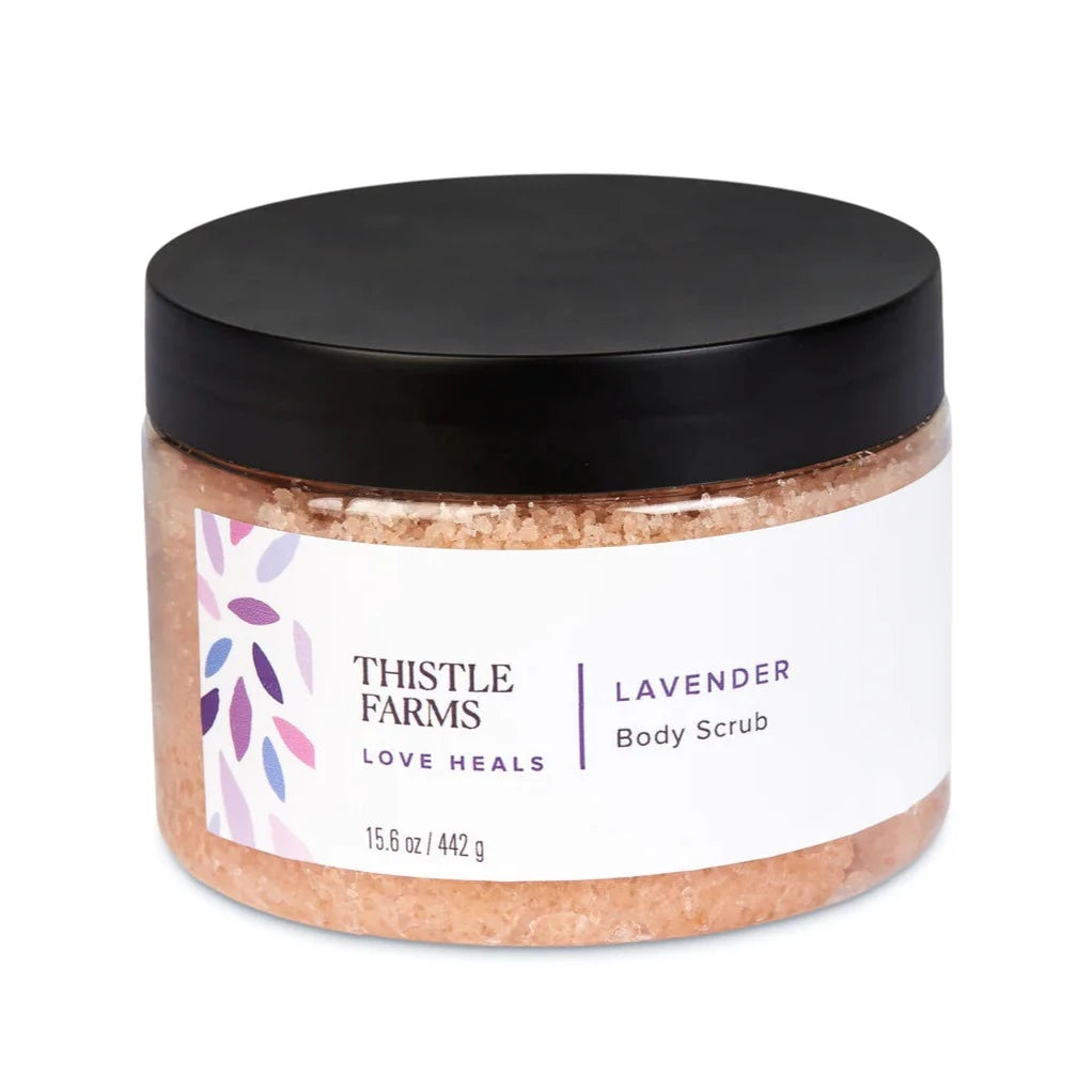 15.6 oz lavender body scrub, in plastic container with resealable lid. 