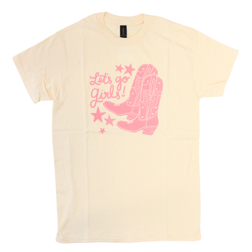 Cream youth shirt "Let's Go Girls" with cowgirl boots and stars in pink.