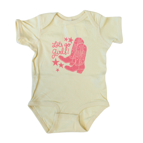 Cream onesie "Let's Go Girls" with cowgirl boots and stars in pink.