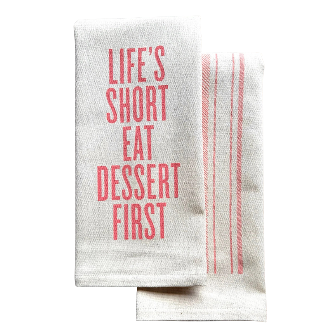 funny saying screen printed on cotton kitchen towel in pink. 