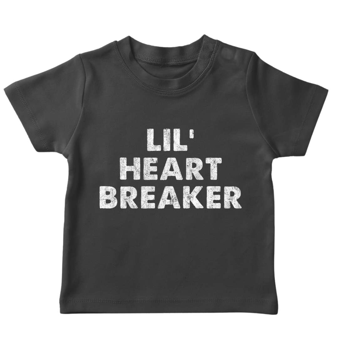 Dark grey toddler shirt says, "Lil' Heart Breaker" screen-printed in white block letters. 
