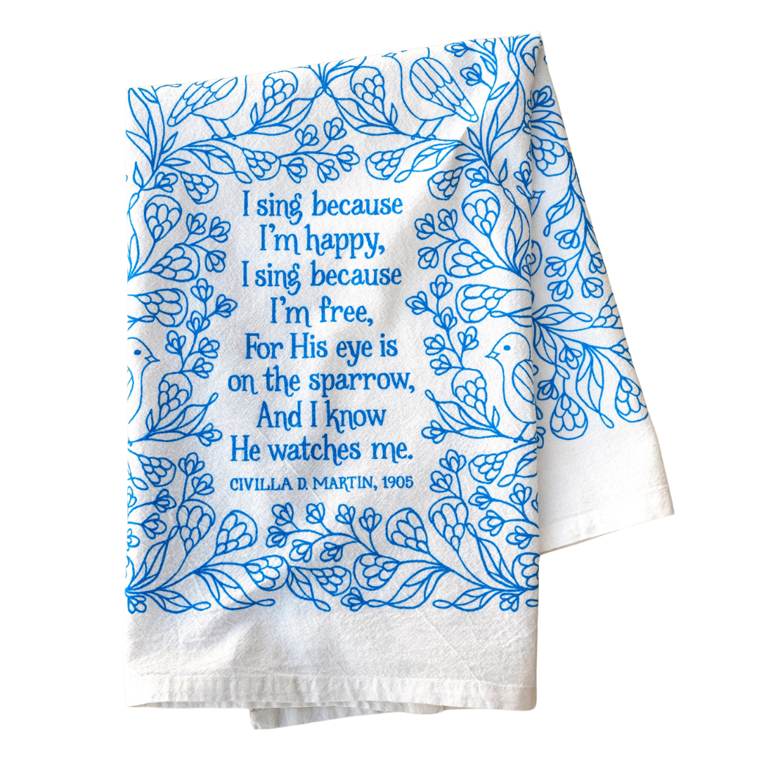 cotton kitchen towel floral design and gospel song lyrics.