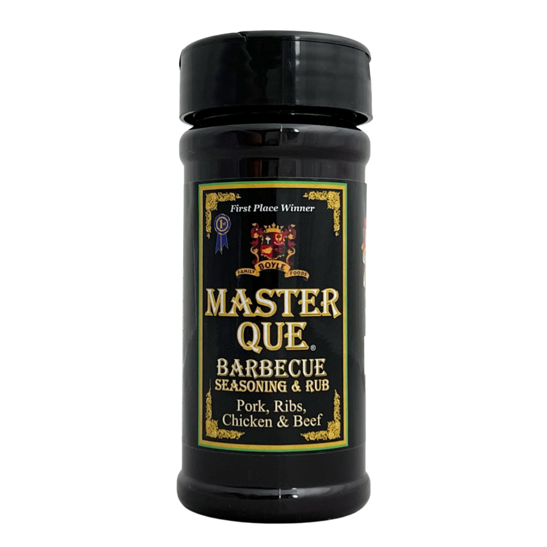 Black shaker bottle of "Masterque" seasoning and rub for Pork, ribs, chicken, and beef.
