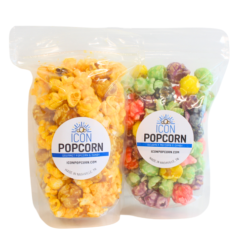 Mini clear bag of Icon Popcorn flavors. Comes in a small resealable bag with the company logo stickered on it.