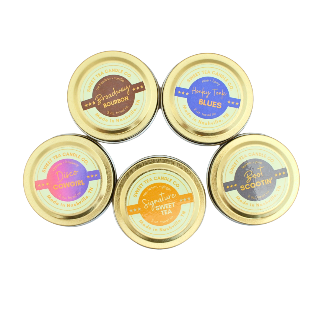 Mini 2oz tin candles for an easy gift. Comes in many different varieties, sweet tea candle company. Sweet Tea Candle Company. Poured in Nashville, Tennessee.