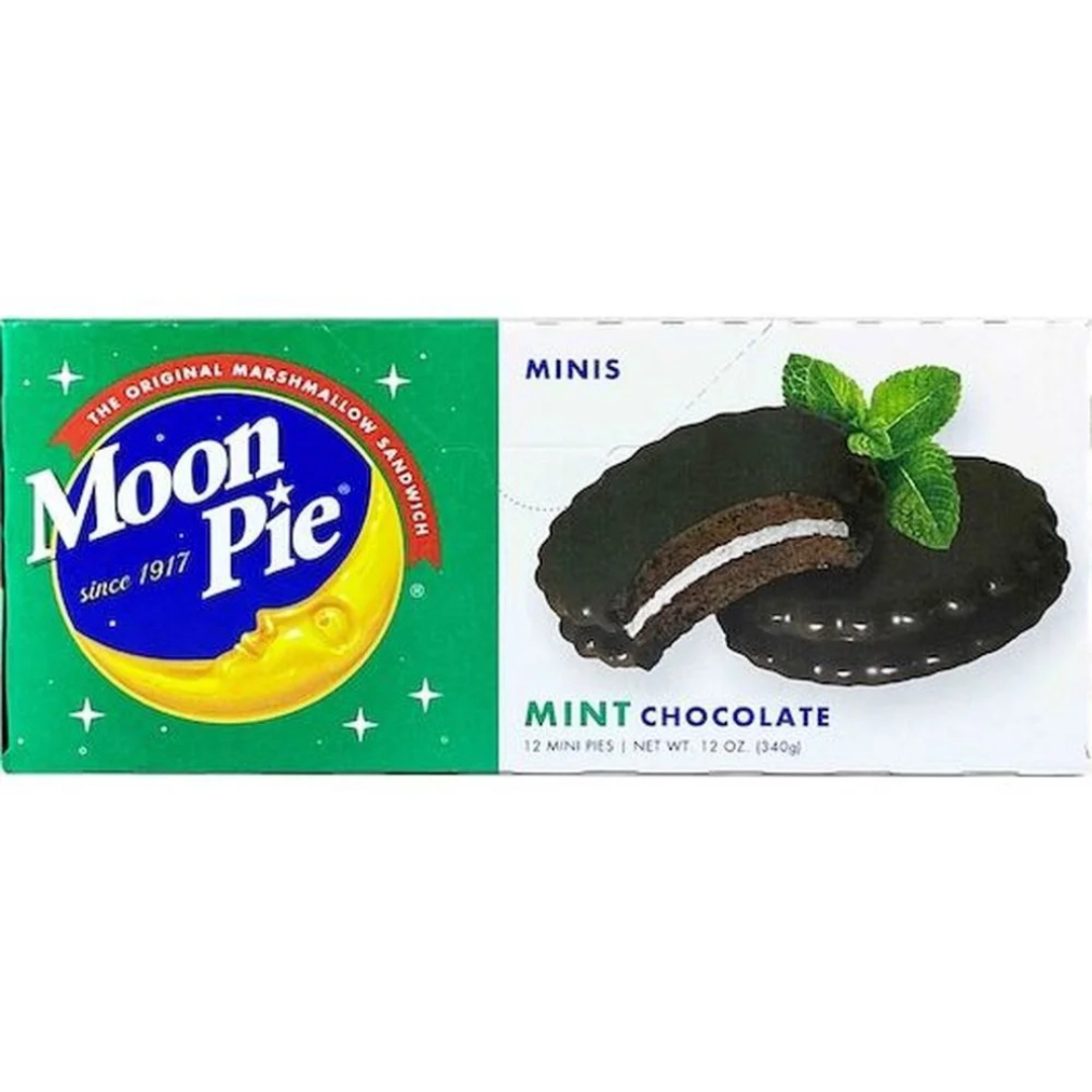 Box of 12 Mini Mint flavored Moonpies, green and white box with logo and picture of cookie.