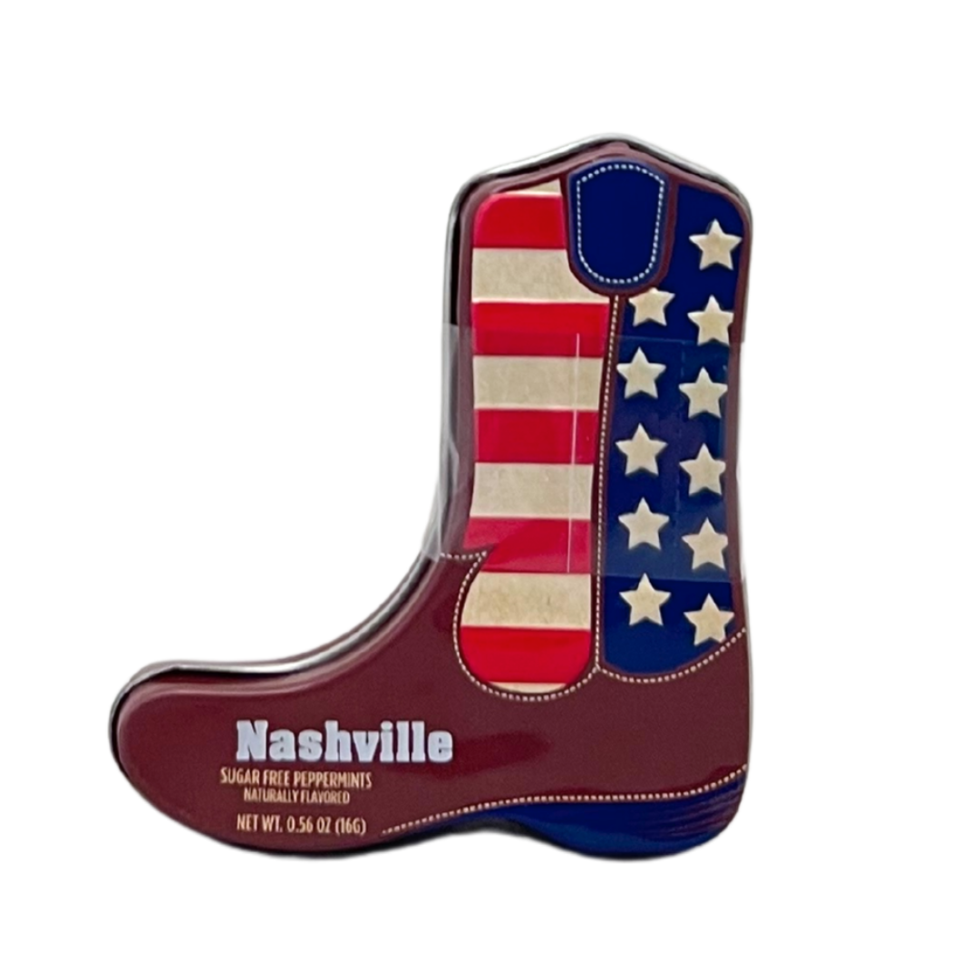 Peppermints in boot shaped tin with Red white and blue stars and stripes.  