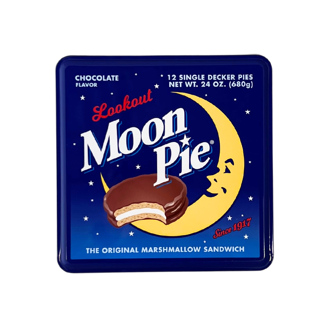 Blue gift tin with 12 chocolate moonpies, Lookout Moonpie logo illustration on tin.