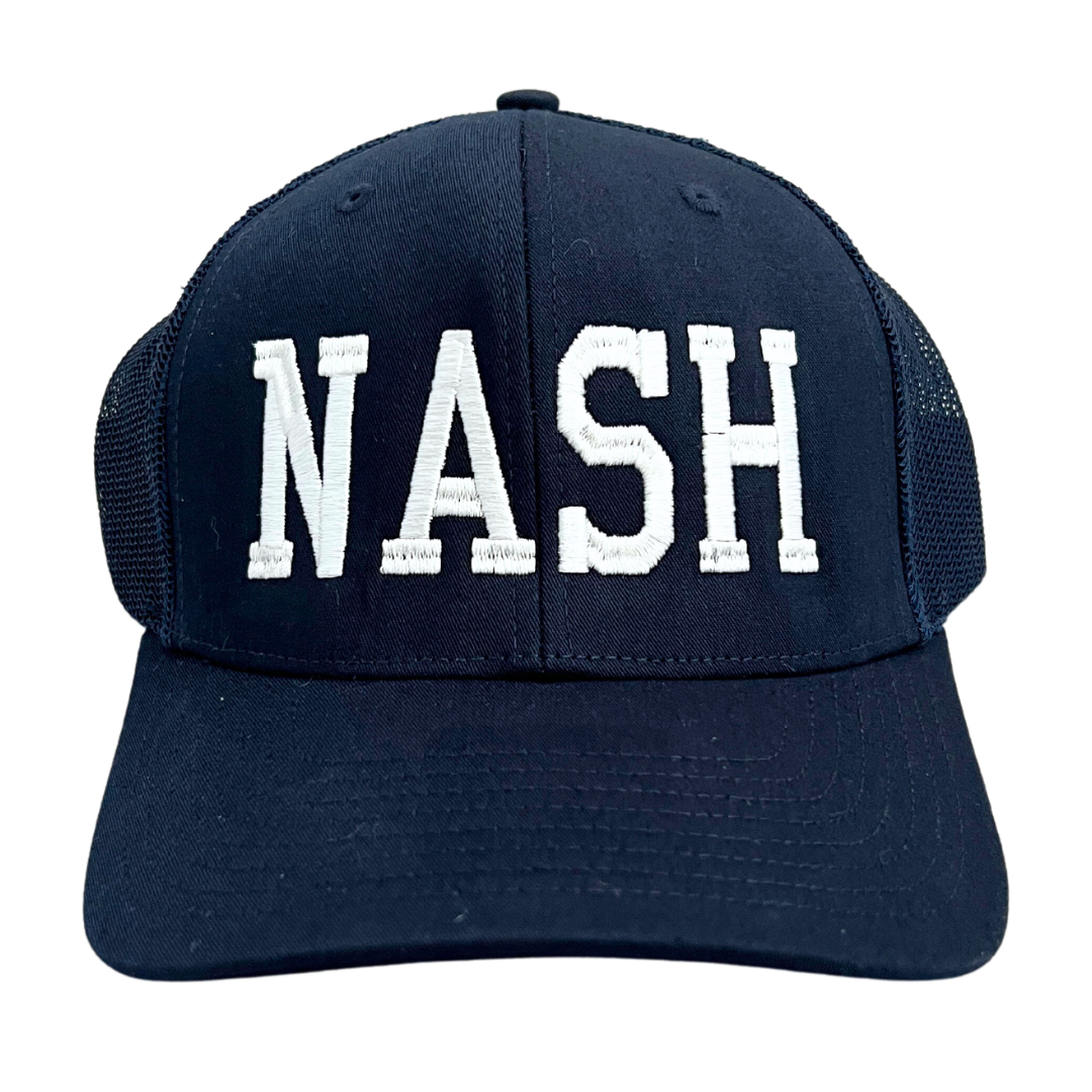 Navy trucker style hat with mesh sides, NASH embroidered in white. 
