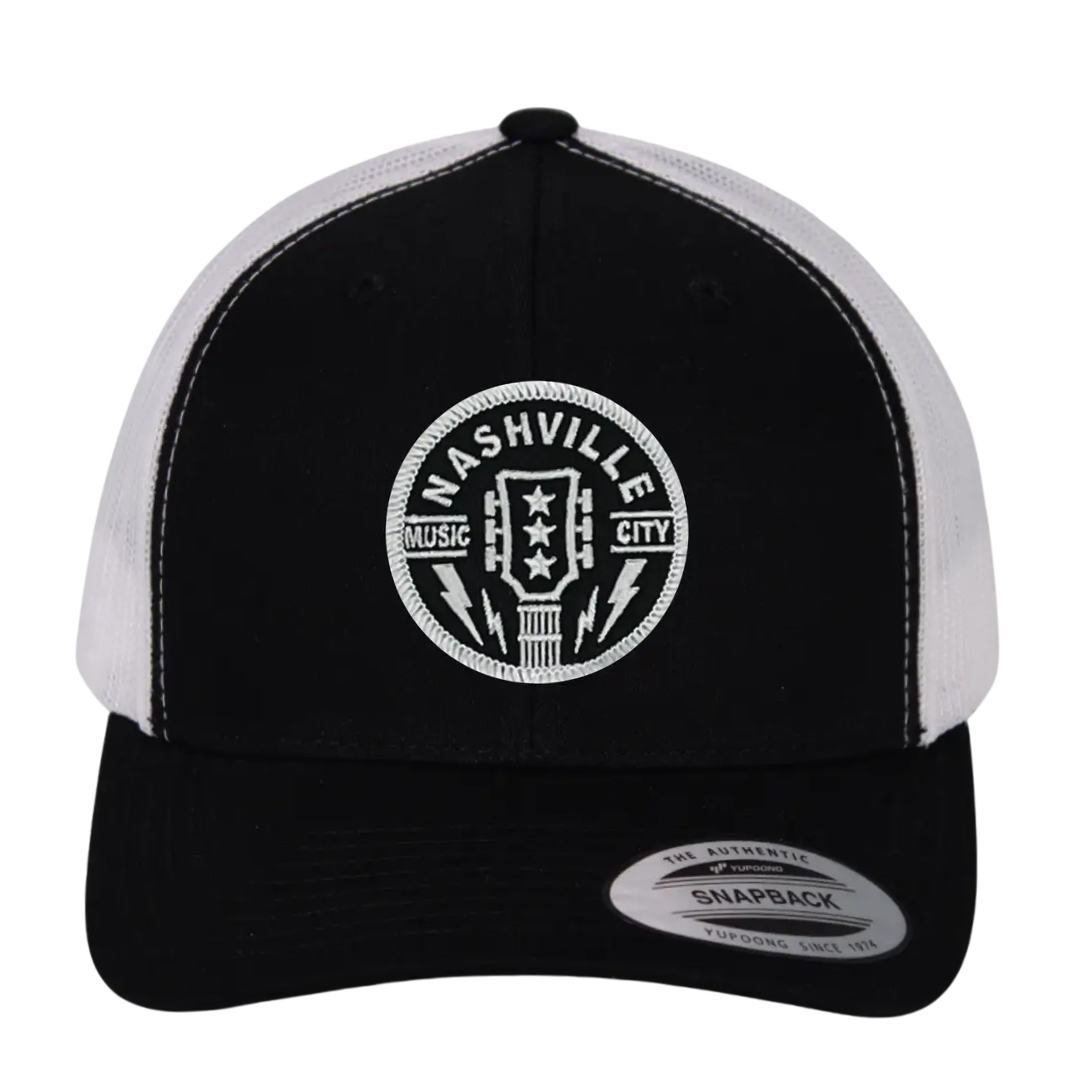 Nashville Music City Guitar Patch Black and White Trucker Hat