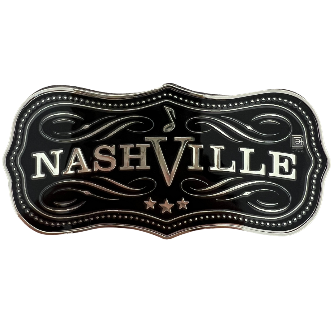 Nashville black and silver magnet shaped like a belt buckle.