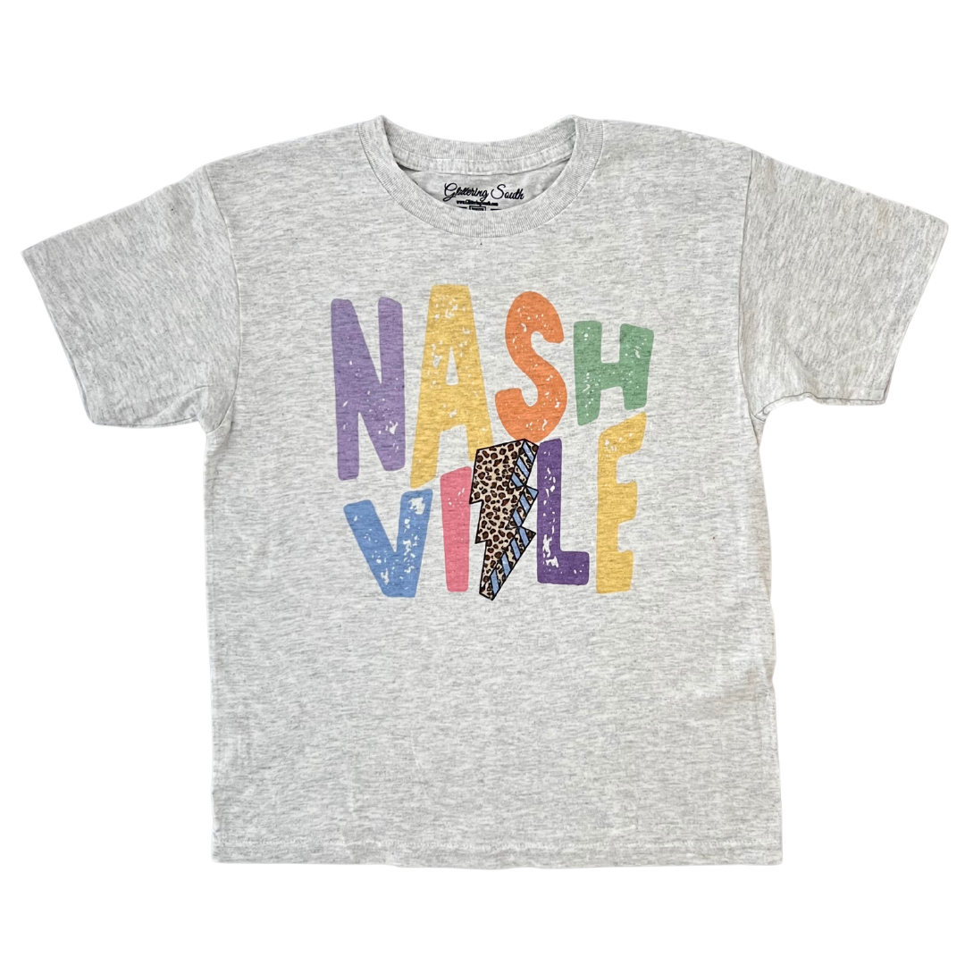 Says "Nashville" in colorful letters with a leopard print lightning bolt. 