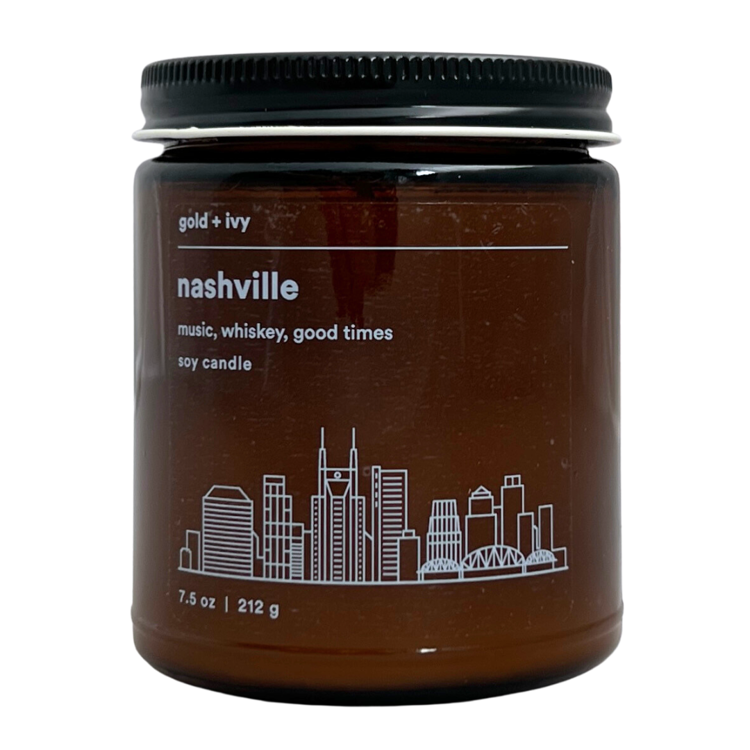 "nashville'  7.5 ounces, soy candle in amber glass jar with lid. 