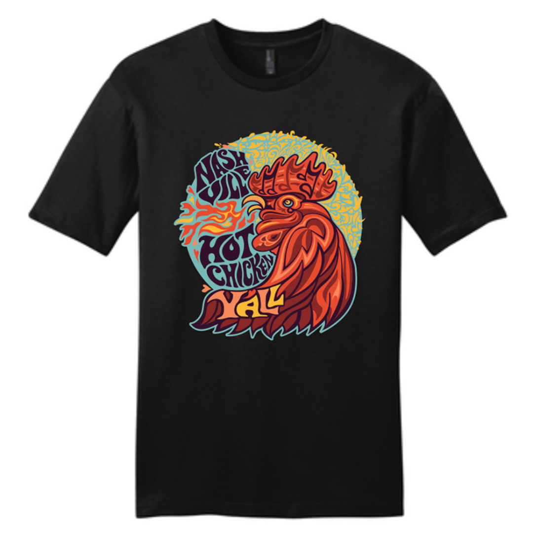Black shirt says, "Nashville Hot Chicken Y'all" screen-printed with red chicken. 