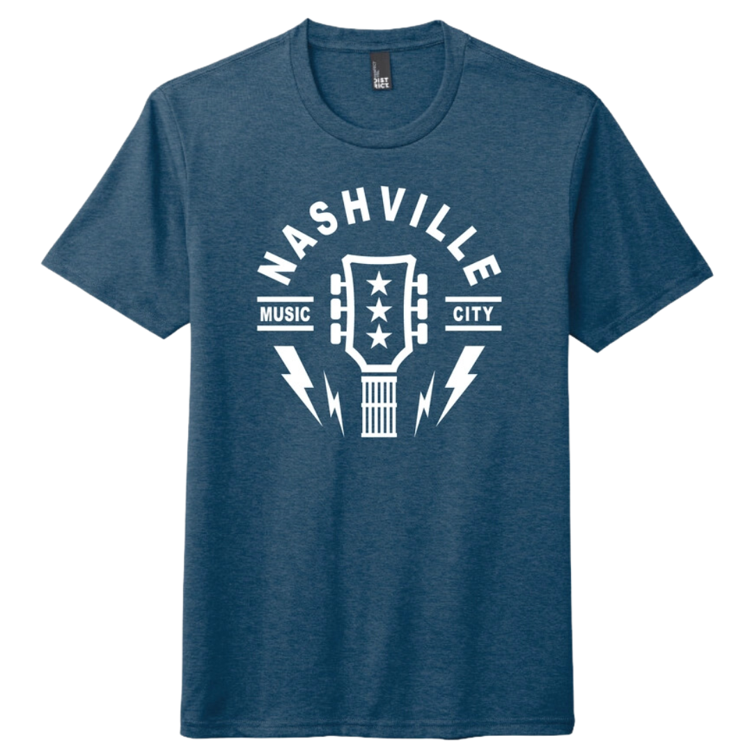 dark blue shirt says "Nashville, music city" with guitar headstock and lightning bolts. 
