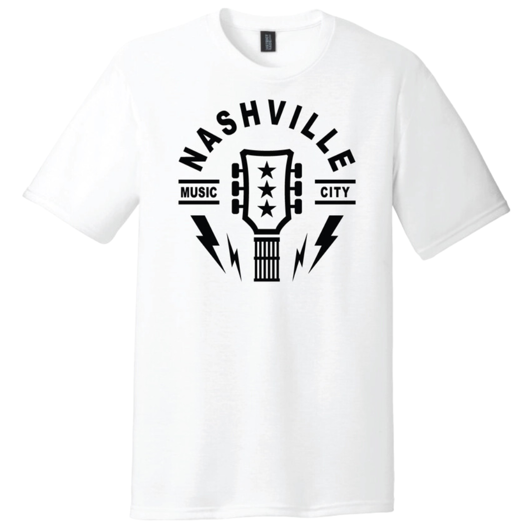 White shirt says "Nashville, music city" with guitar headstock and lightning bolts. 