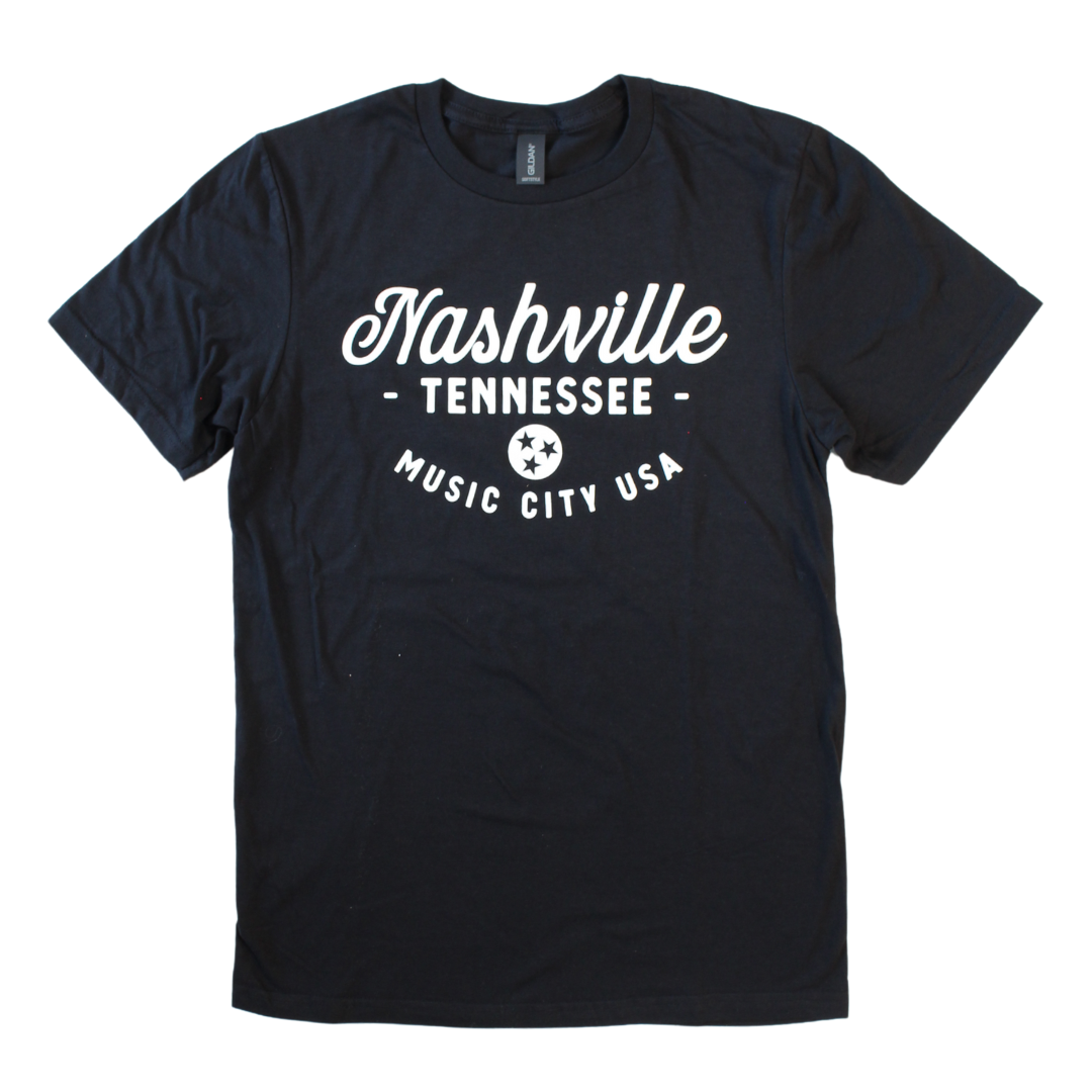 Black shirt that says "Nashville Tennessee Music City USA" with tristar emblem. 