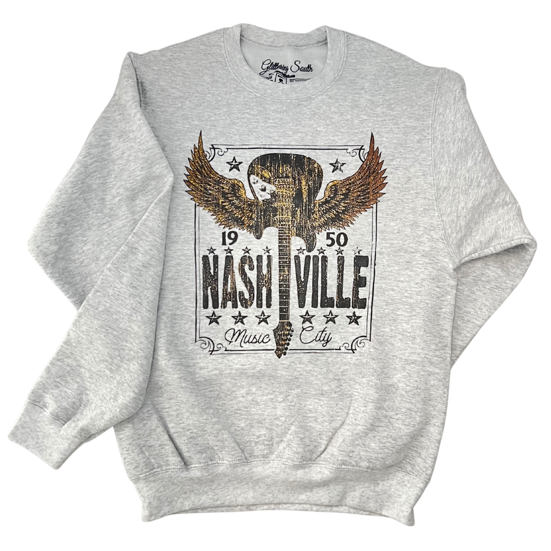 Grey crewneck sweatshirt with winged guitar and Nashville lettering
