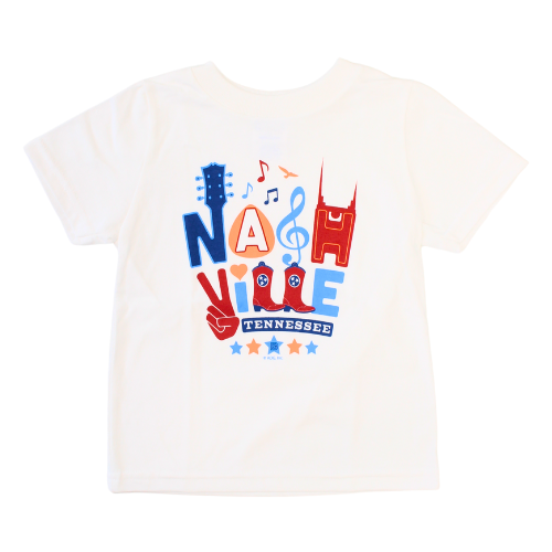 White toddler shirt screen-printed "Nashville Tennessee" spelled with  iconic symbols. 
