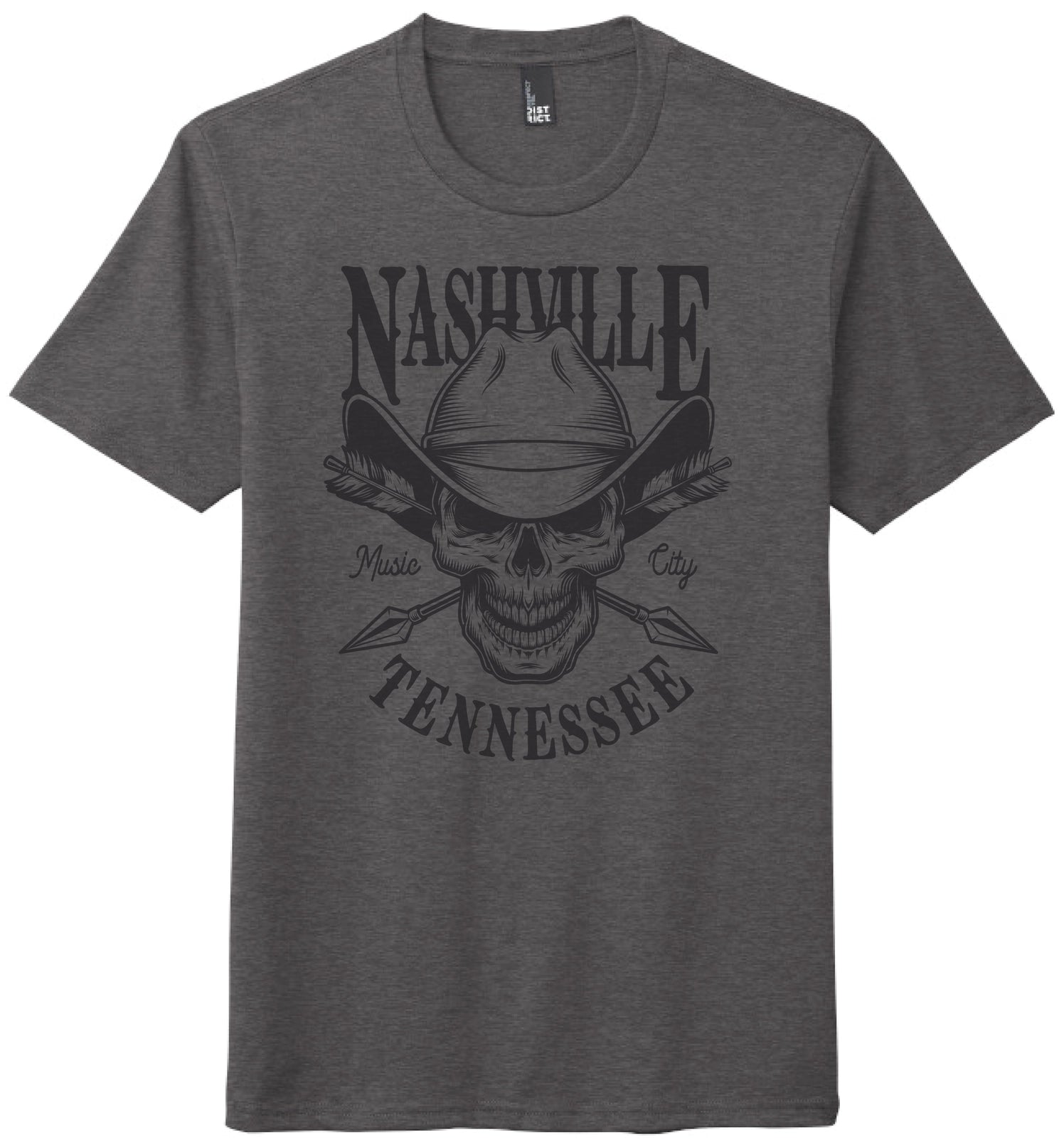 Nashville Tennessee charcoal grey shirt with skeleton and cowboy hat. 
