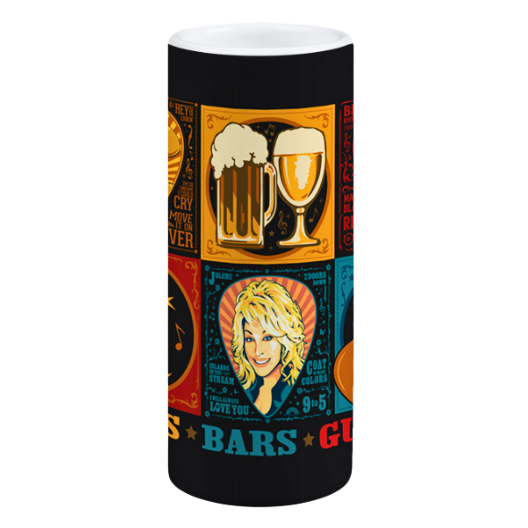 3 oz shooter shot glass including art of Dolly Parton, Waylon Jennings, and Johnny Cash. Black shot glass. 