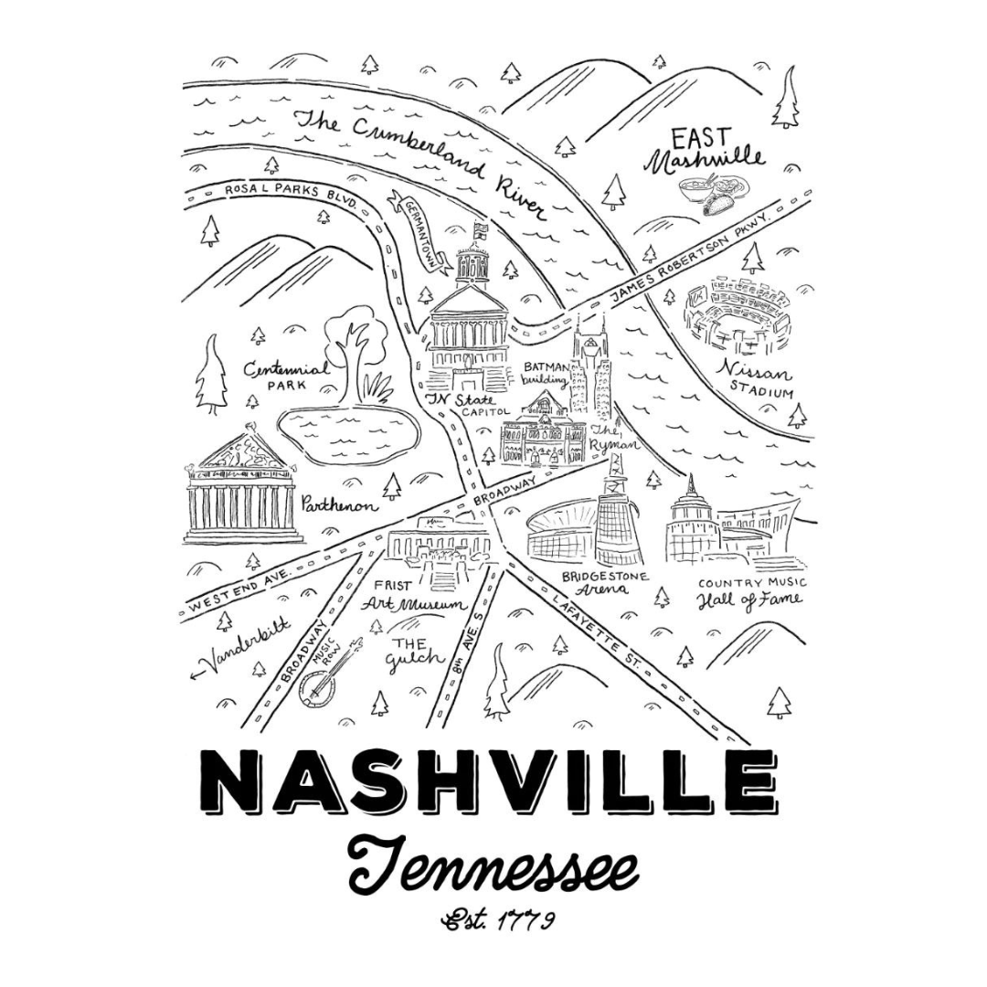 Knoxville, Tennessee based artist Paris Woodall made a beautiful black & white art print of Nashville! 