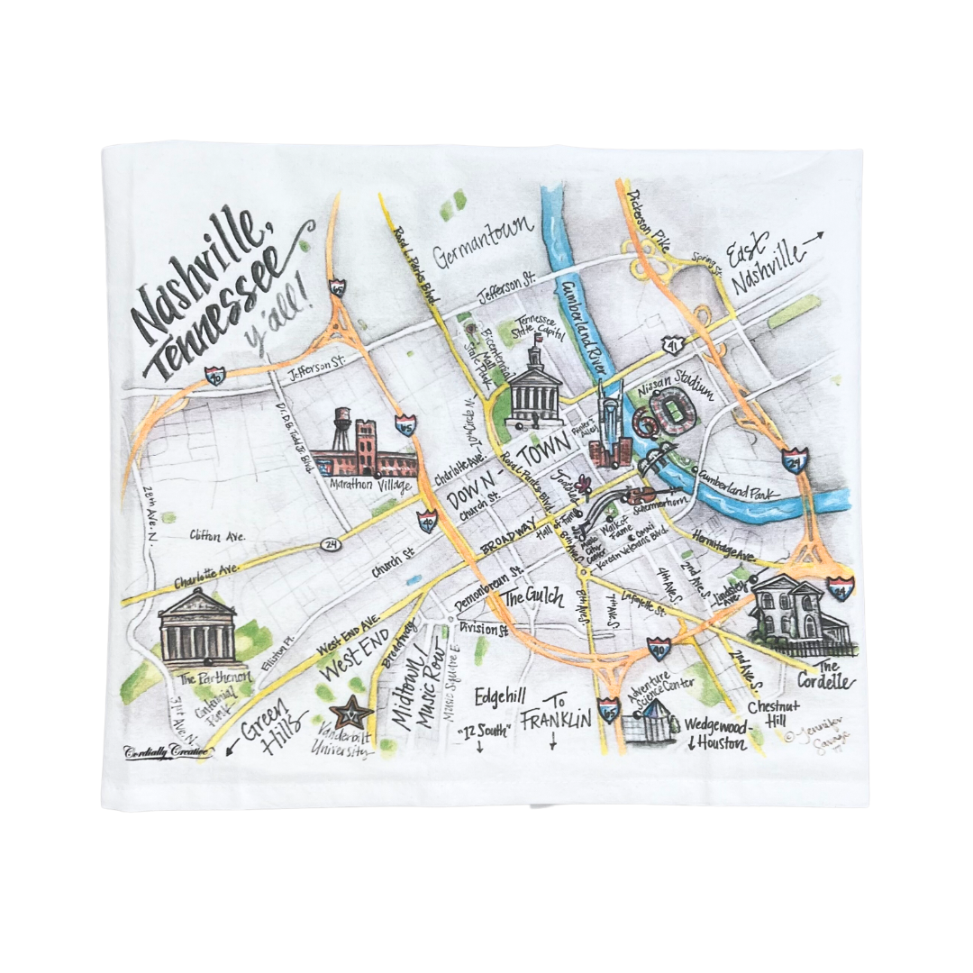 Flour sack Nashville Tennessee Y'all Watercolor Map Tea Towel