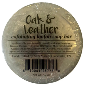 Oak and leather Scented Soap Bar with a Loofah inside. 