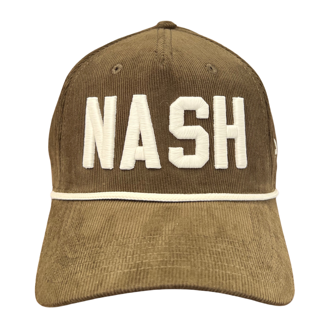 Olive Green Corduroy hat with NASH embroidered in warm white.  