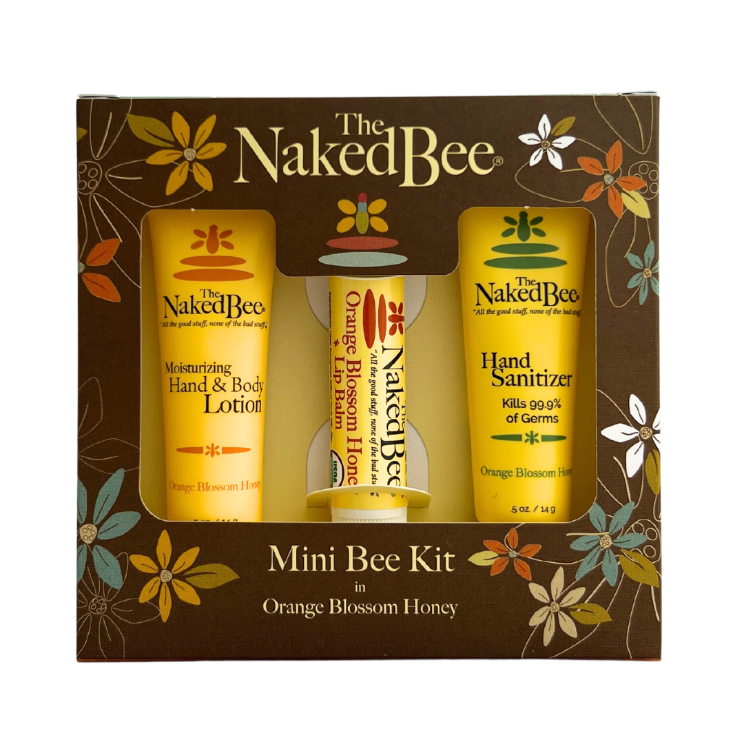 mini version of lotion, hand sanitizer and full size lip balm. 