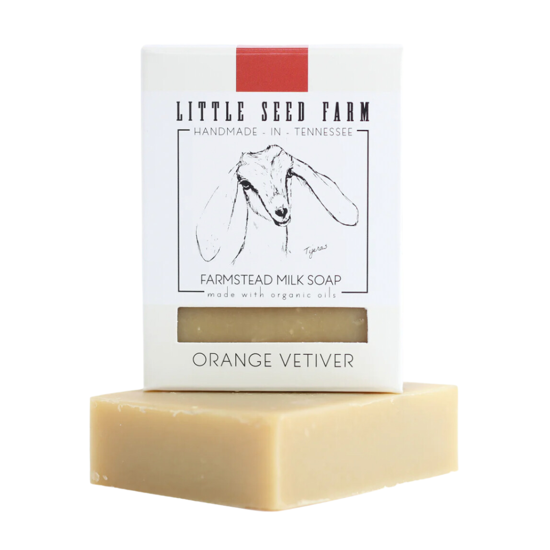 2.4 oz Orange Vetiver scented goat's milk soap bar.