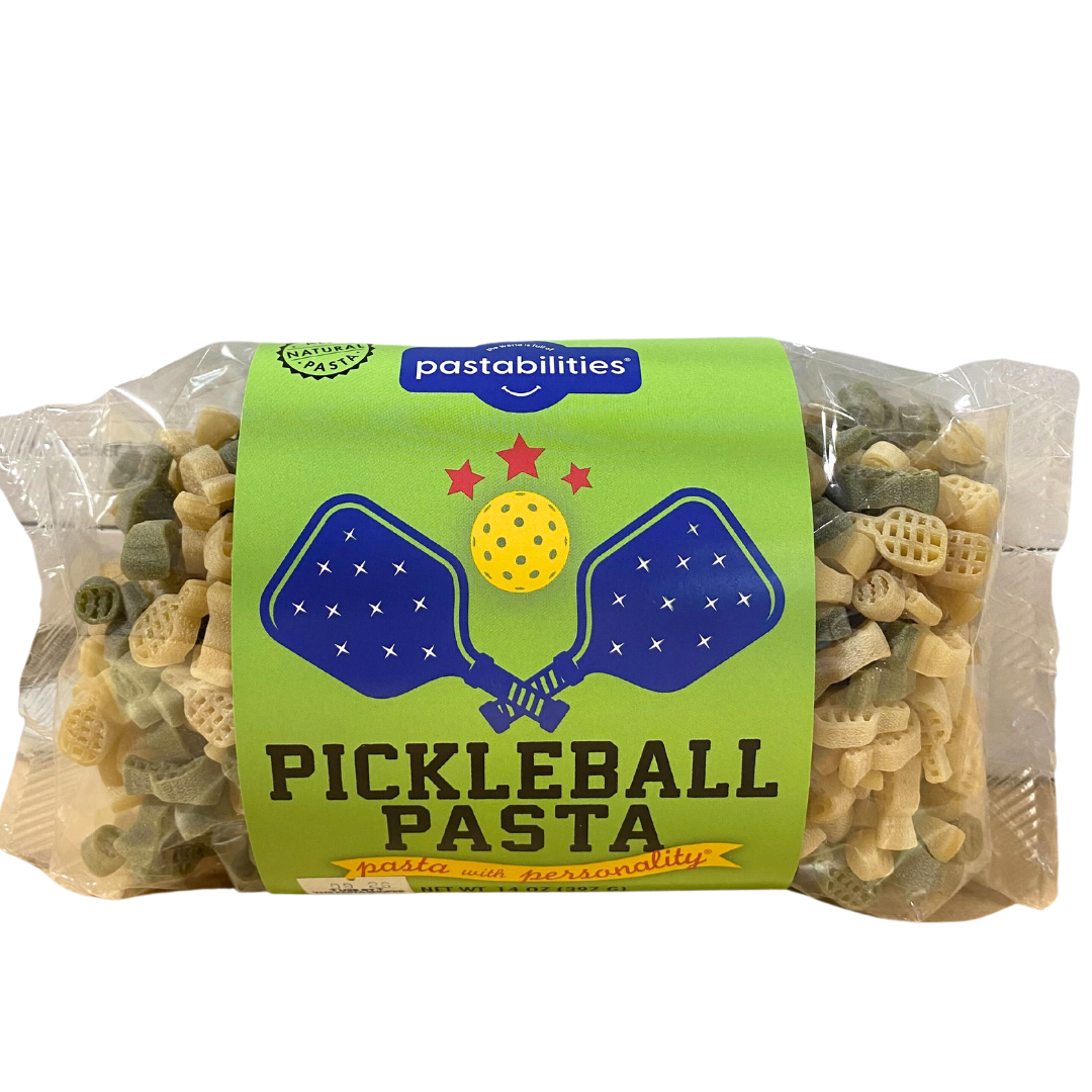green and white Pickleball themed pasta in a clear bag. 