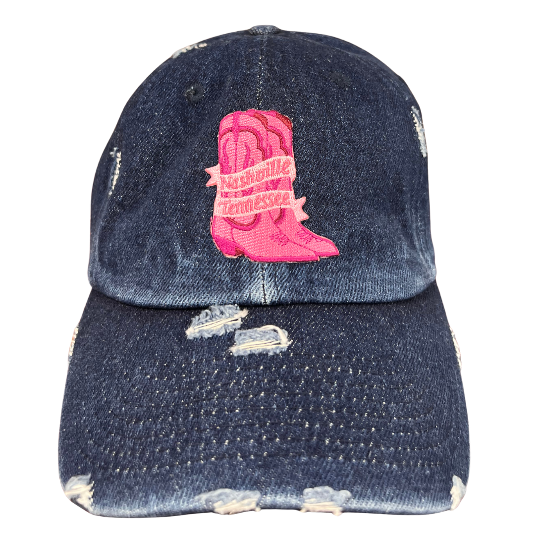 denim ball cap with pink boot patch. 