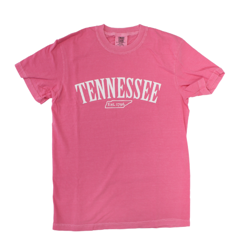 Pink shirt says, "Tennessee" with "est. 1796" inside the state outline.