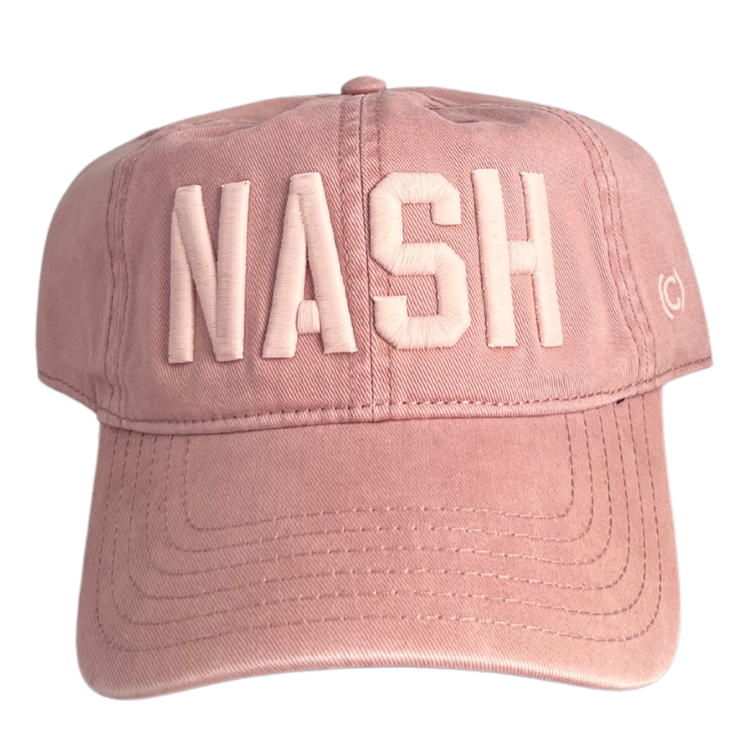 Pink cotton hat with "NASH" embroidered in pink.