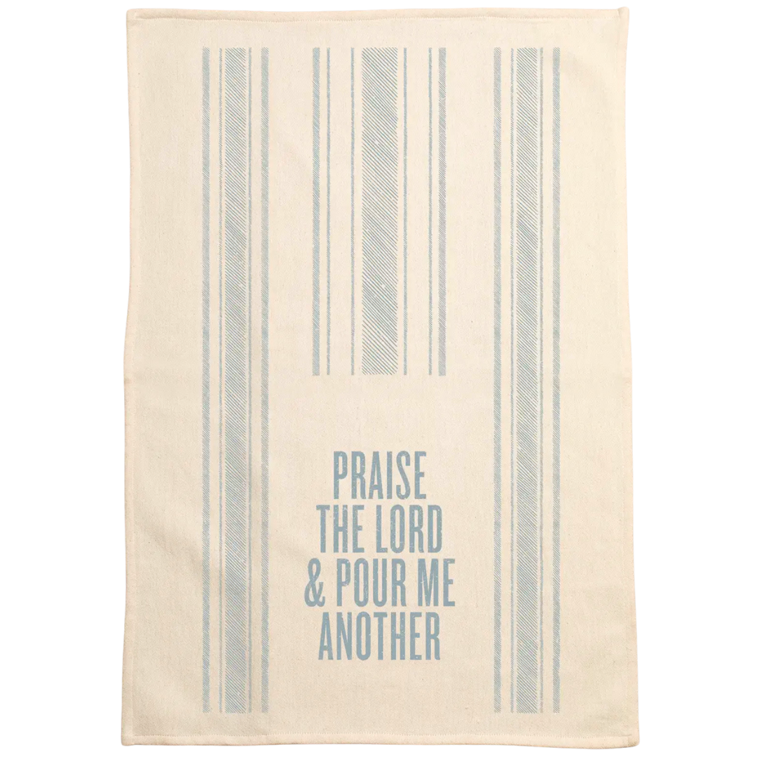 funny saying screen printed on cotton kitchen towel in blue.