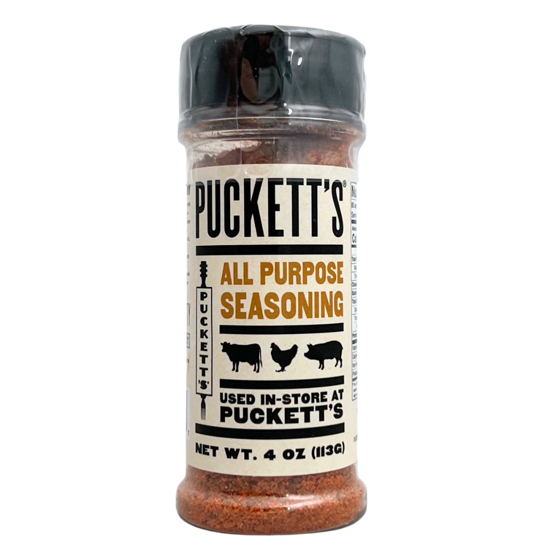 Clear bottle of Puckett's All Purpose Seasoning blend. 4 oz.
