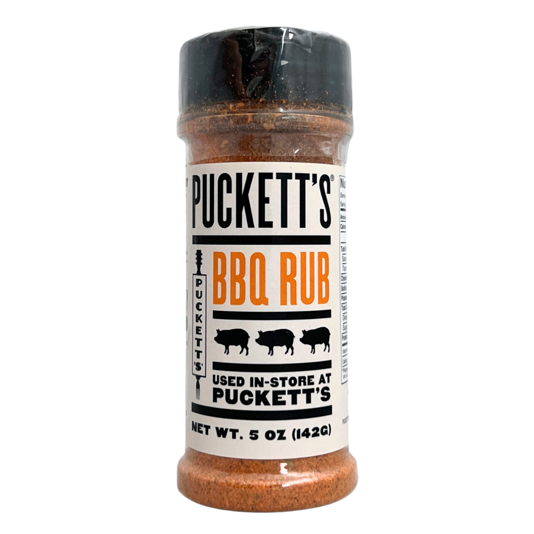 Clear bottle of Puckett's BBQ seasoning blend. 5 oz.