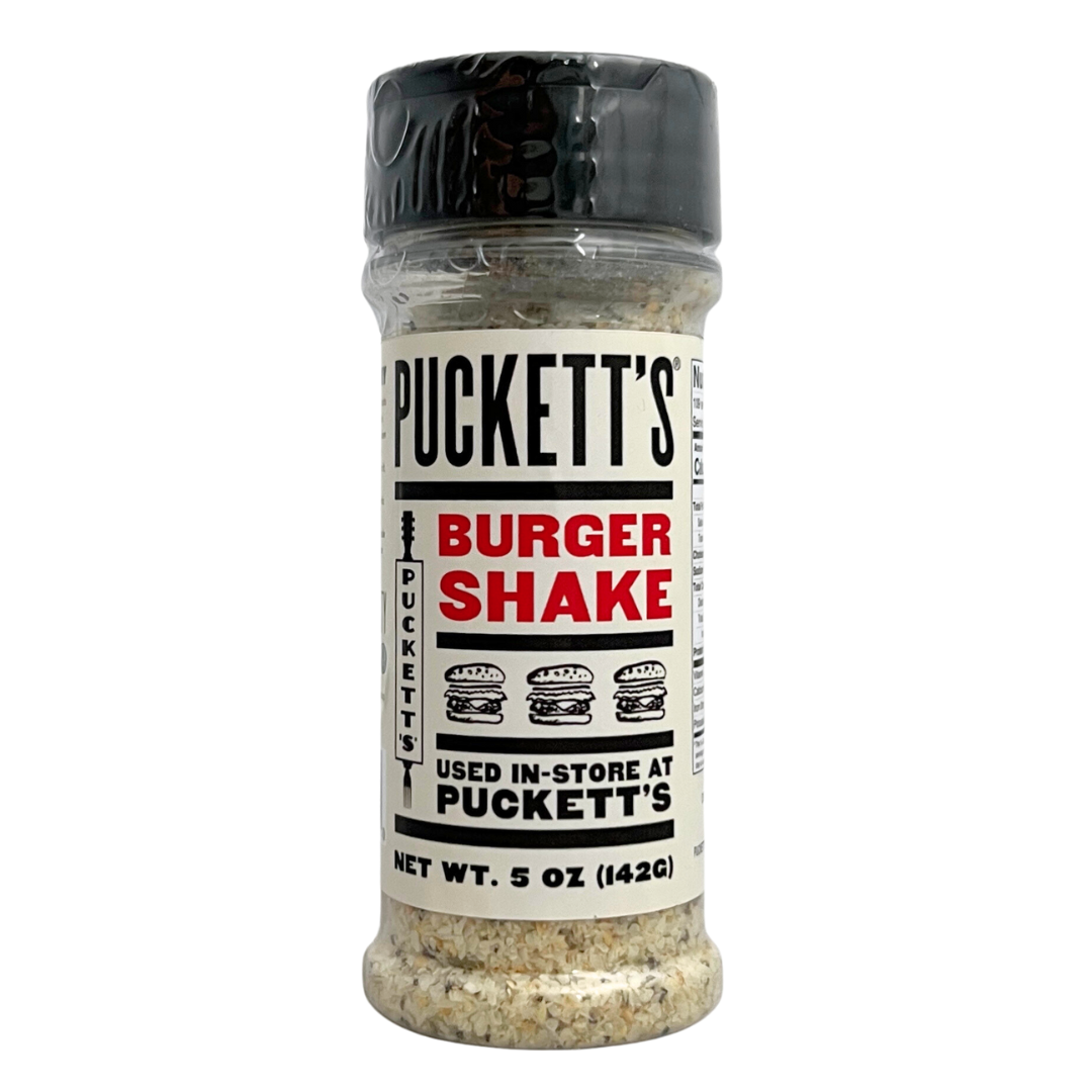 Clear shaker bottle of Puckett's burger shake seasoning blend. 5 oz. 