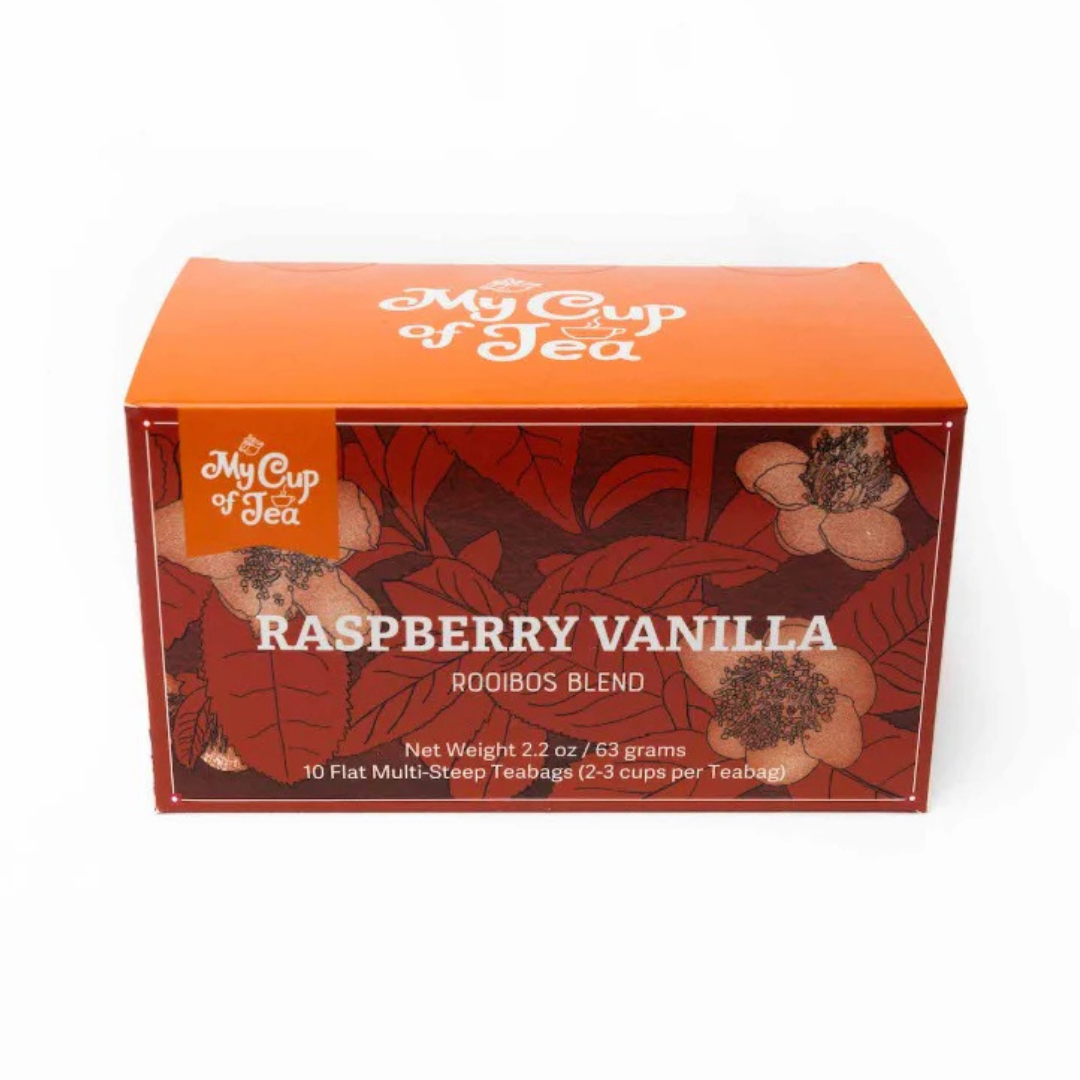 box of 10 Raspberry Vanilla Cream Rooibos Tea bags. caffeine free.