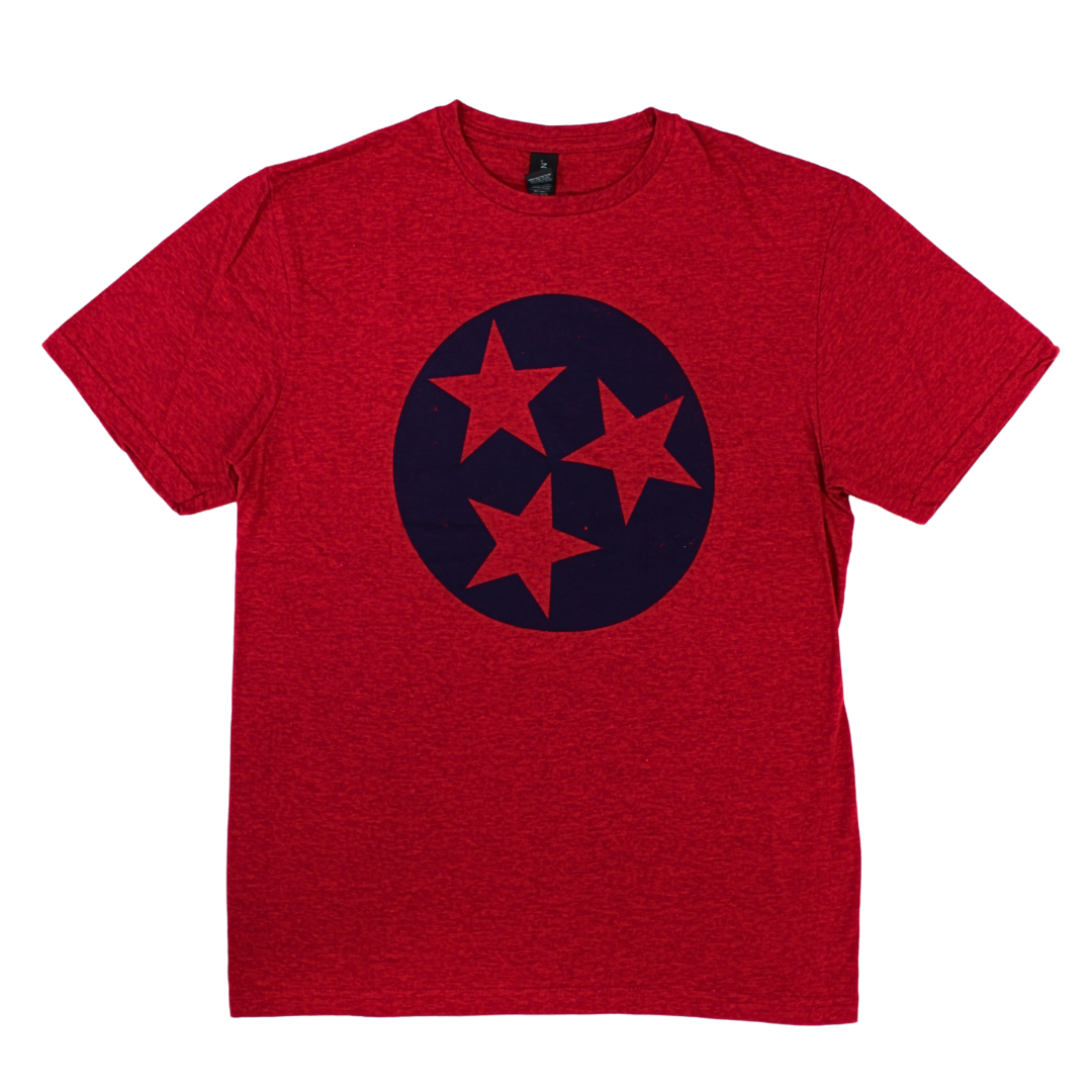 Heathered Red Shirt with Navy Tristar Emblem. 