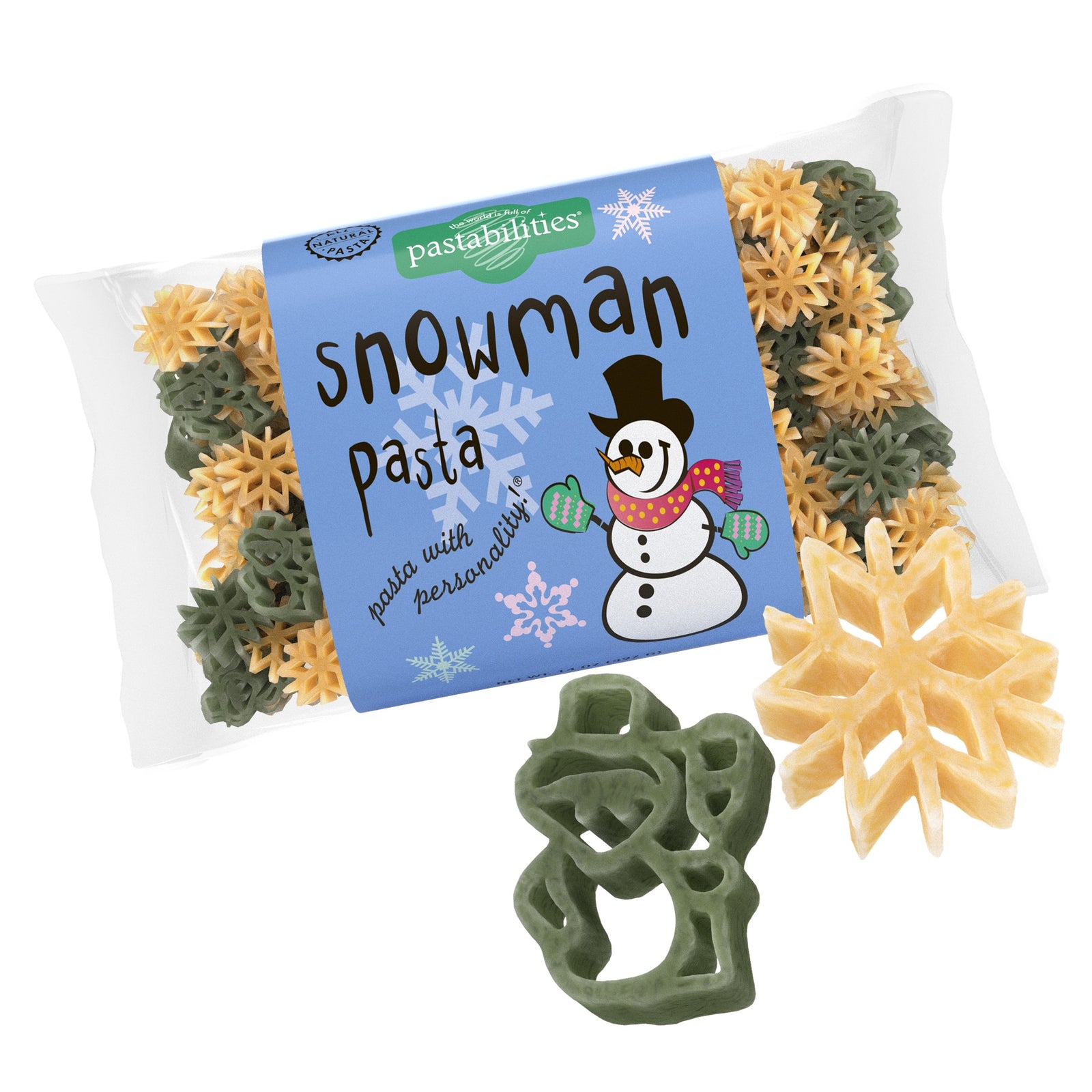 Snowman shaped pasta in a clear bag.